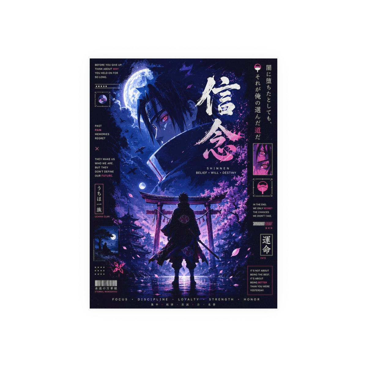 Uchiha Clan Anime Poster — Neon Shrine Nightscape (Satin & Archival Matte)