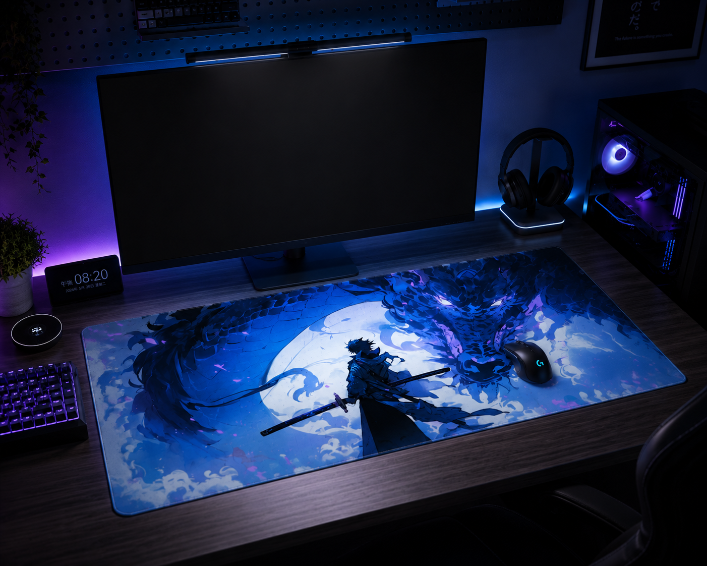 Samurai Moon Desk Mat — Mystical Dragon Gaming Mouse Pad