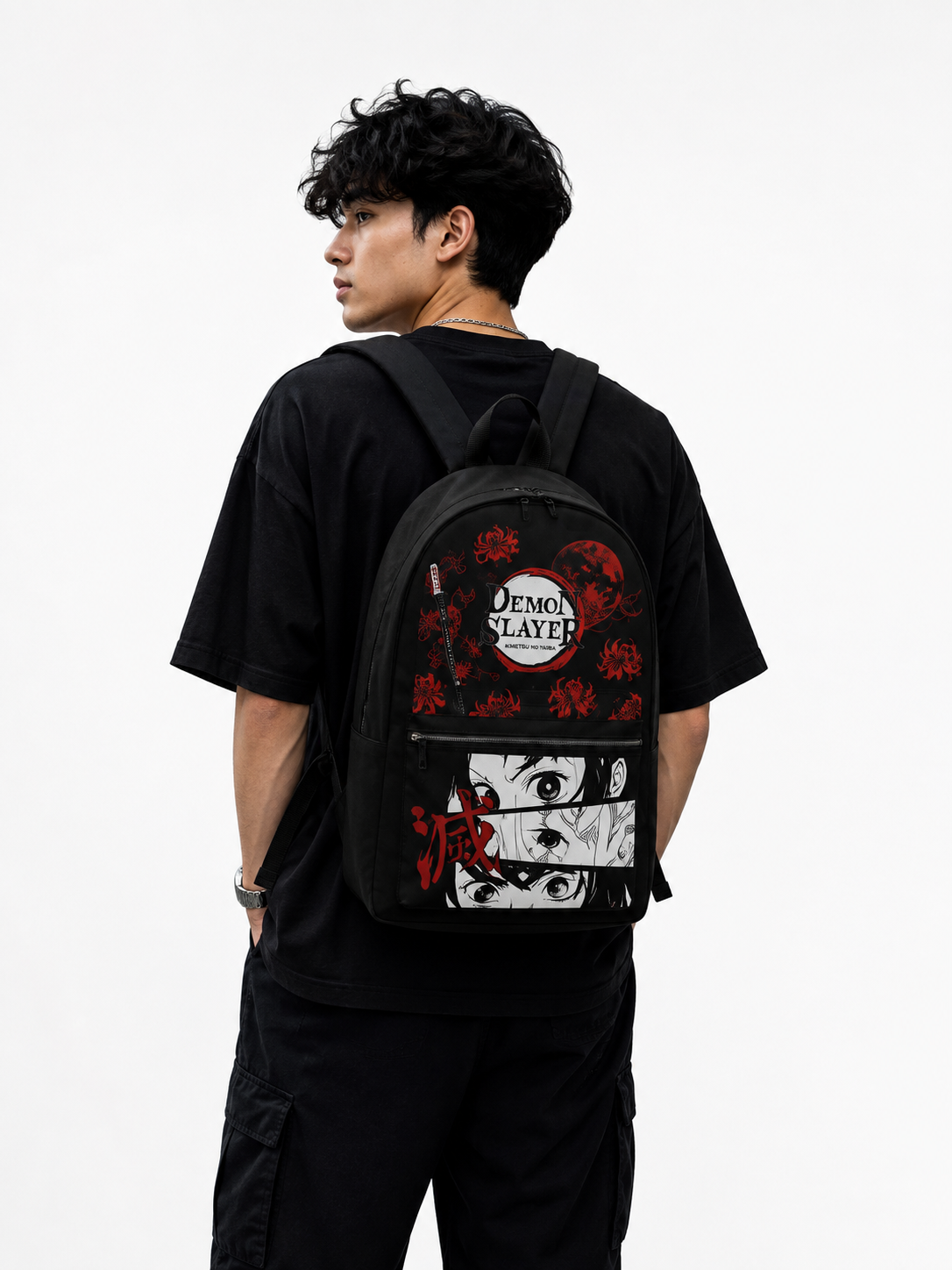 Demon Slayer Anime Backpack – Red Moon & Character Eyes School Bag